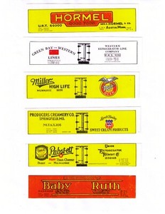 Old time HO scale set #6, printed reefer sides, HORMEL, Baby Ruth, Pabst-ett