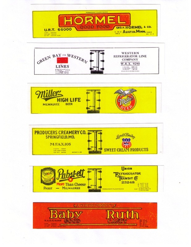 Old time HO scale set #6, printed reefer sides, HORMEL, Baby Ruth, Pabst-ett