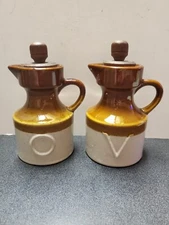 Oil & Vinegar Cruet Bottles Stoneware in Teak Wood and Rattan Holder Vintage