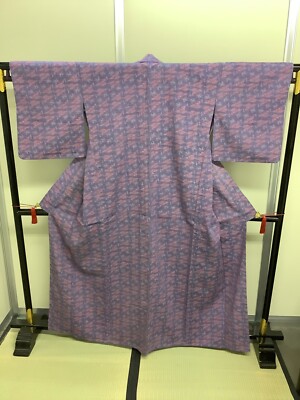 Japanese Vintage Kimono Silk Purple Tumugi Expensive tradition Height 65.35in