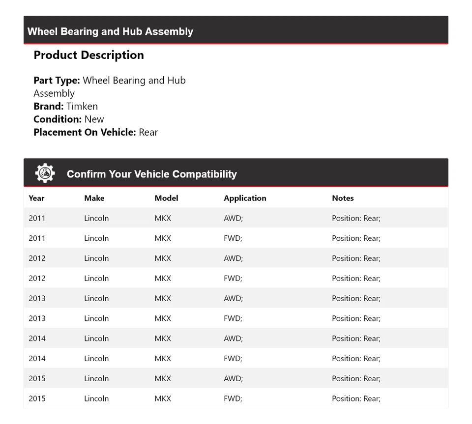 For 2011-2015 Lincoln MKX Wheel Bearing and Hub Assembly Rear Timken 2012 2013 - Image 2 of 4