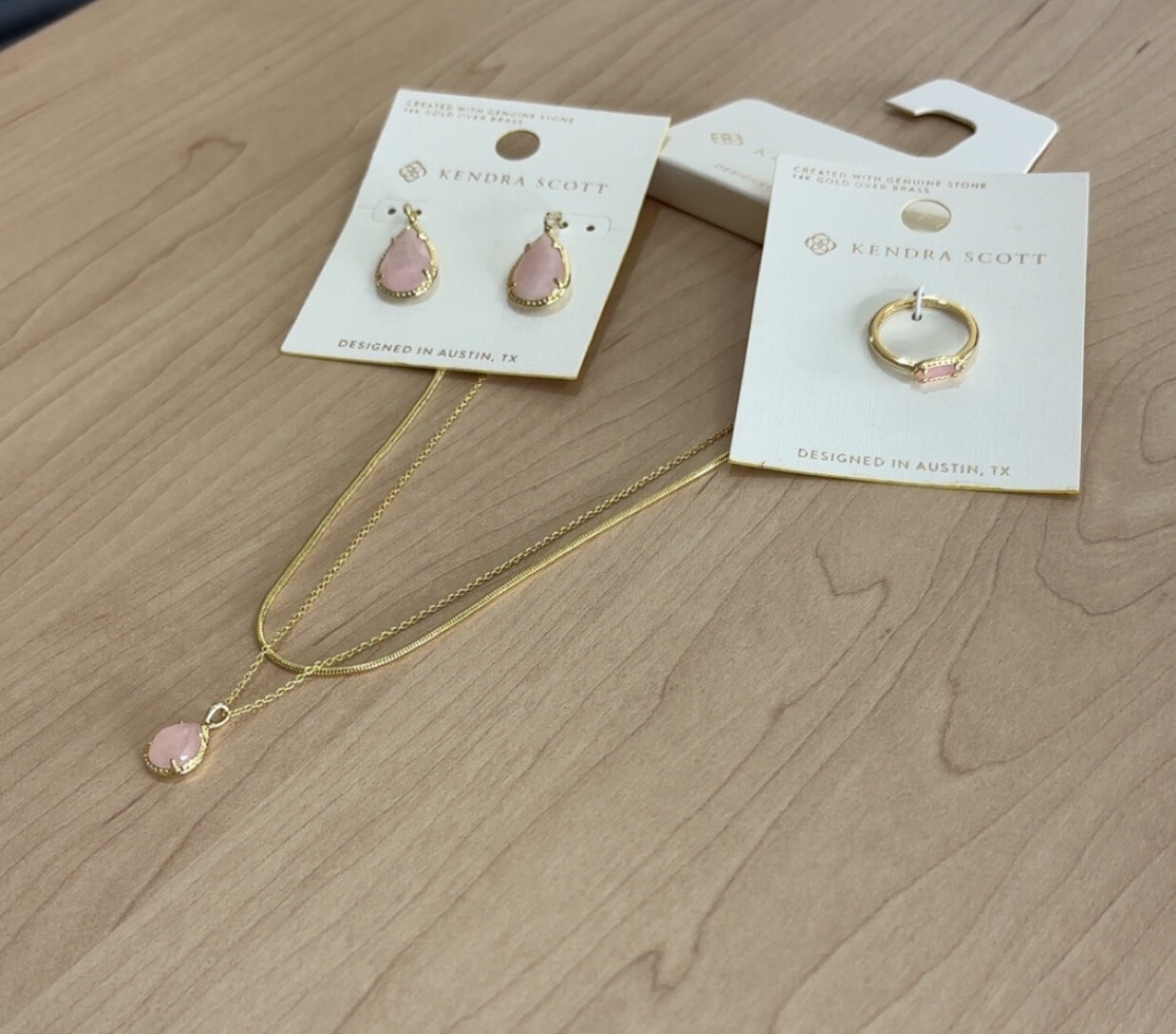 Kendra Scott 14K Gold Plated Pink Stone Jewelry Set with Necklace Earrings Ring  -image