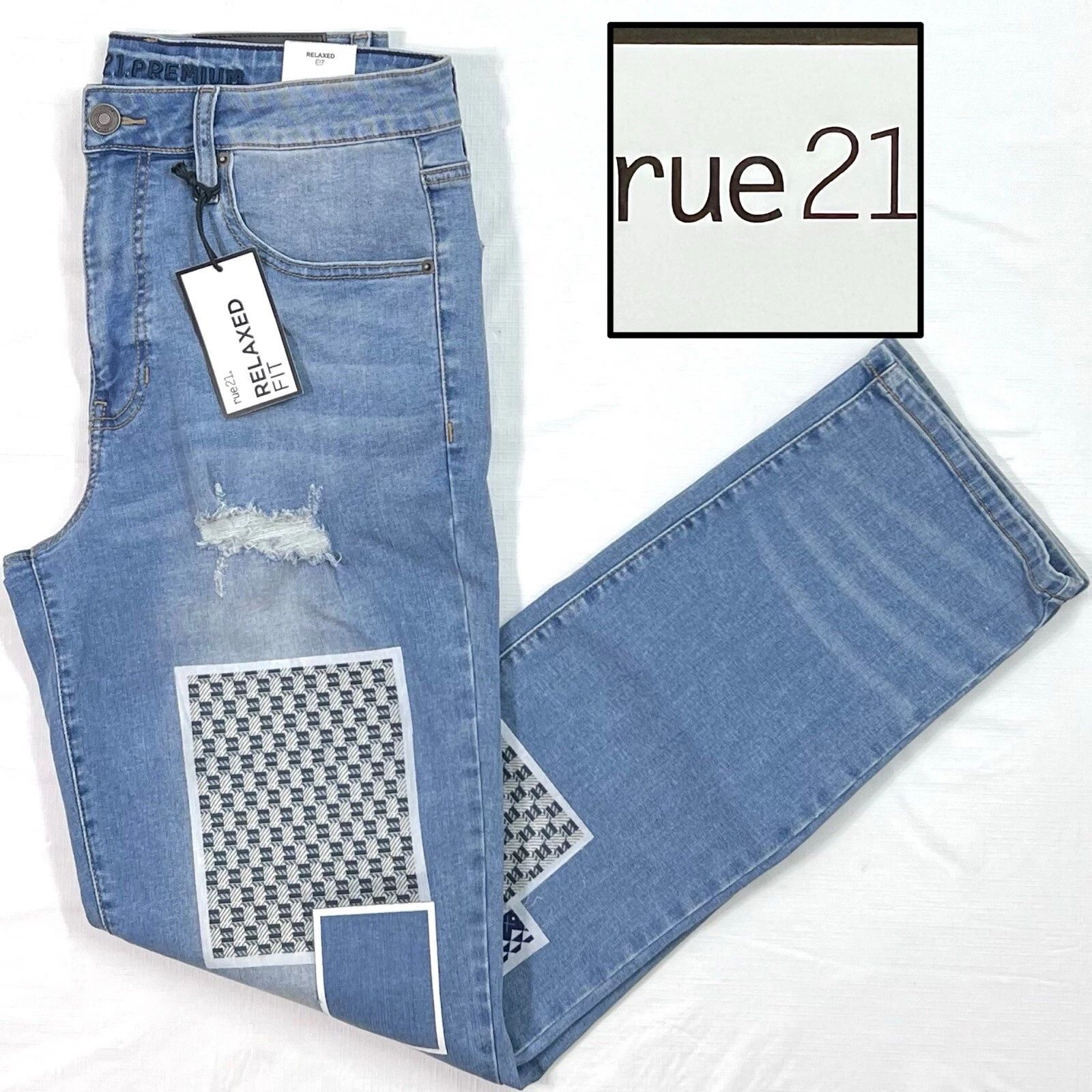Pantalon jean denim vieilli 32 x 34 neuf avec étiquette RUE21 homme décontracté supreme flex patchs