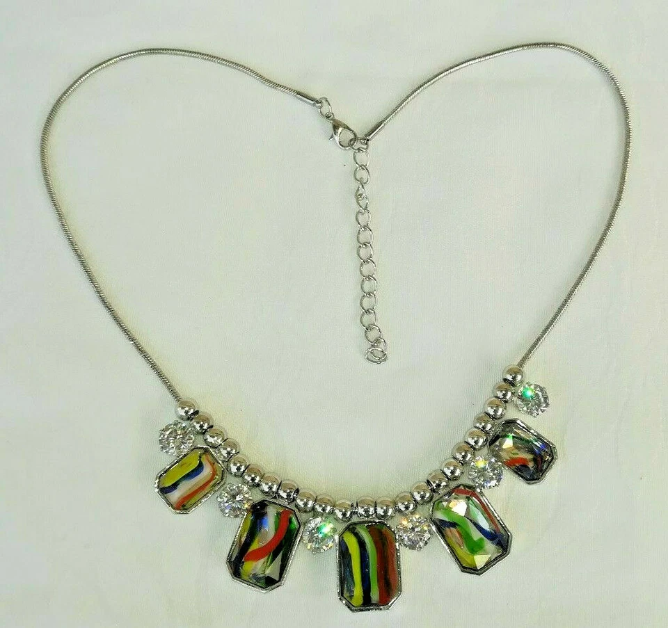 Schlangenkette, mit Behang, Strass und bunte Perlen, Collier silber-farben - Bild 3 von 4