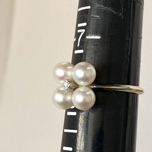 14k white gold diamond four pearls ring 2.9gm size 7 3/4 - Picture 7 of 11