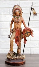 Native American Indian Warrior Chief With Eagle Roach Spear And Axe Figurine