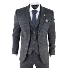 Mens Grey Tweed 3 Piece Suit Blue Check Vintage 1920s Gatsby Blinders Tailored