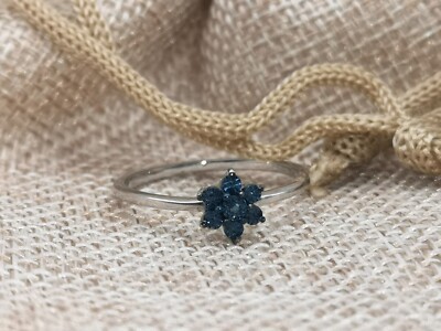 Blue Diamond Floral Ring in Platinum Plated Sterling Silver Size R