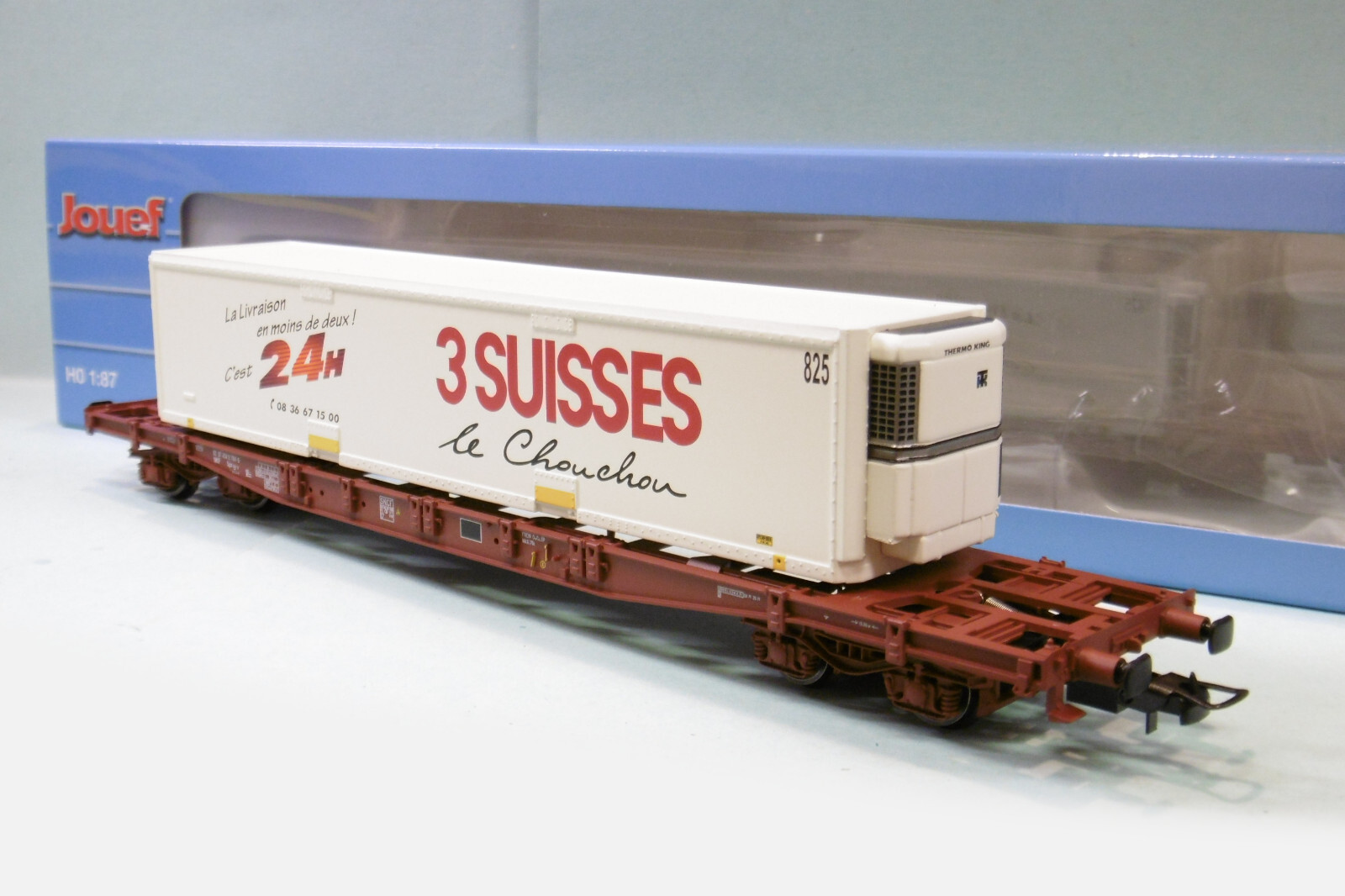 Wagon Sgss SNCF Jouef HJ6213 miniature avec conteneur 3 Suisses époque V détaillé