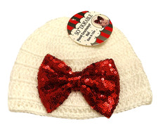 So Dorable Hand Crocheted Baby Hat Size 6-12 Months - White with Red Bow