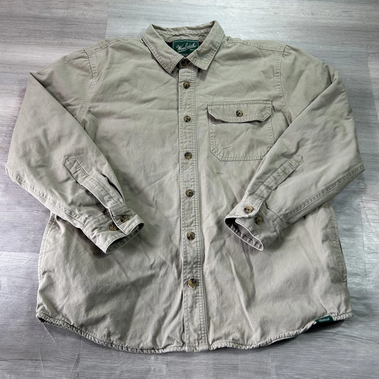 VTG Woolrich Jacket Mens Large Beige Canvas Flannel Lined Button Shacket Outdoor