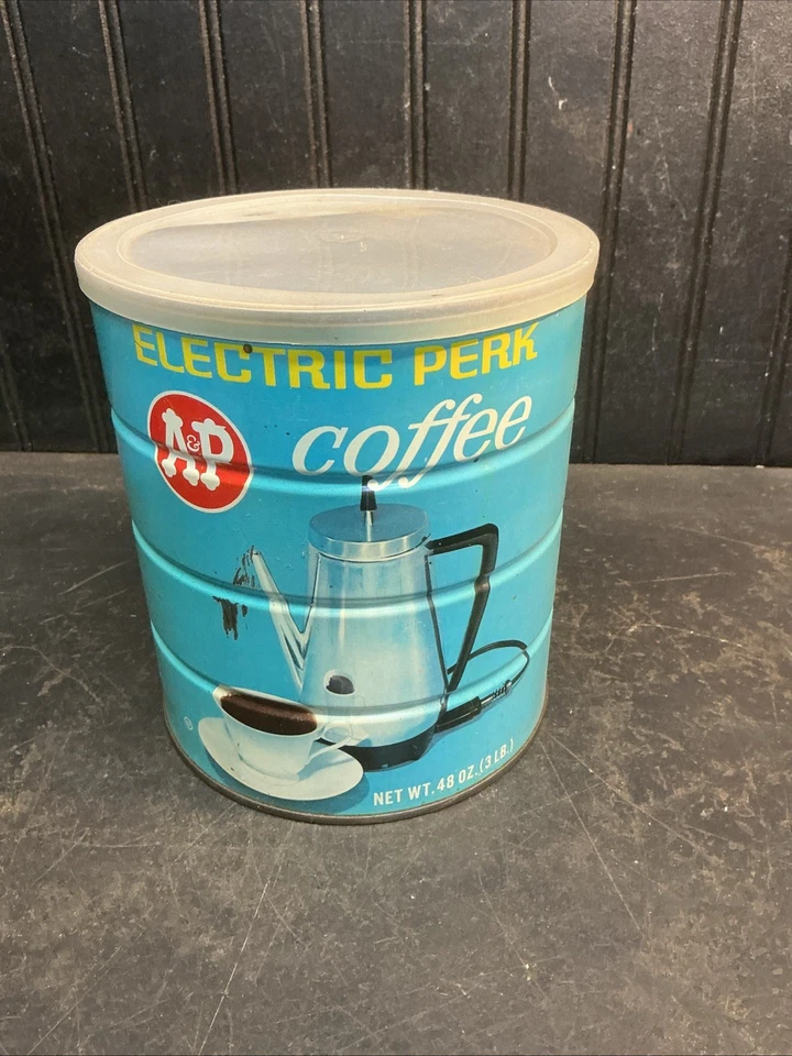 Lata de café de metal vintage A & P beneficio eléctrico 3 lb azul verdoso con tapa envío gratuito Foto 2 de 4