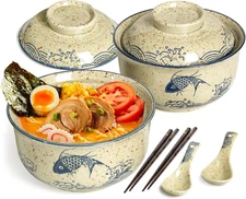 Ceramic Ramen Bowl Set of 2, Ramen Noodle Bowl with Lid 27Oz Japanese Retro Styl