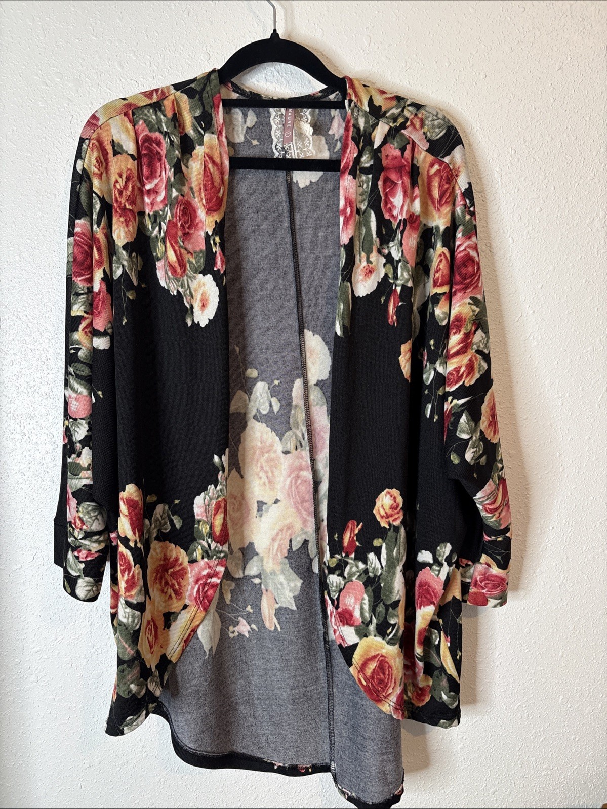 Mauve Floral Print Kimono Large Black Open Front Lightweight Cardigan #695