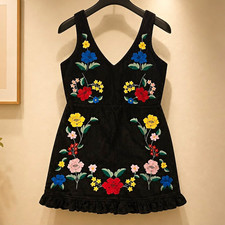 ASOS Black Floral Embroidered Corduroy Mini Dress Size 4 V-Neck Zip