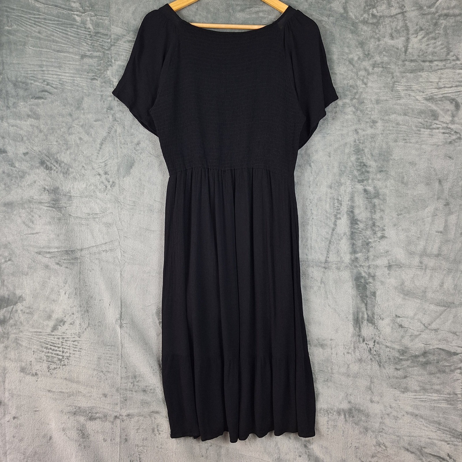 Womens Dress Large Black Coastal Beachy Smocked Flowy Midi Babydoll Goth Grunge