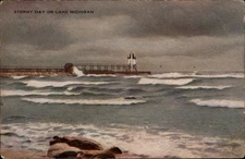 Stormy Day Lake Michigan lighthouse vintage postcard r597