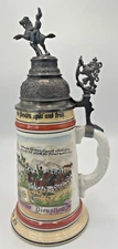 Vtg German Regimental Cavalry Beer Stein Lithophane w Mounted Soldier Pewter Lid