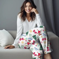 Holiday Lounge Pants, White Christmas Pajamas with Snowflake and Tree Design
