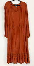 Womens Large Dress Rust Red Maxi Tiered Cottage Prairie Fringe Ruffled Boho