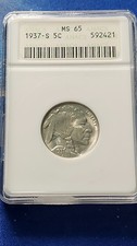 1937S 5c Buffalo Nickel ANACs Soapbox Holder MS 65 ANACs White Buffalo Coin !!