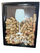 Wooden Cork Holder Shadow Box Glass Front Wine Collectibles Sz 14”H X 11”W