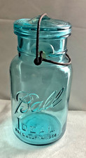 Vtg Blue BALL IDEAL Quart Mason Jar ~ Bail Wire Clamp ~ Blue Glass Lid