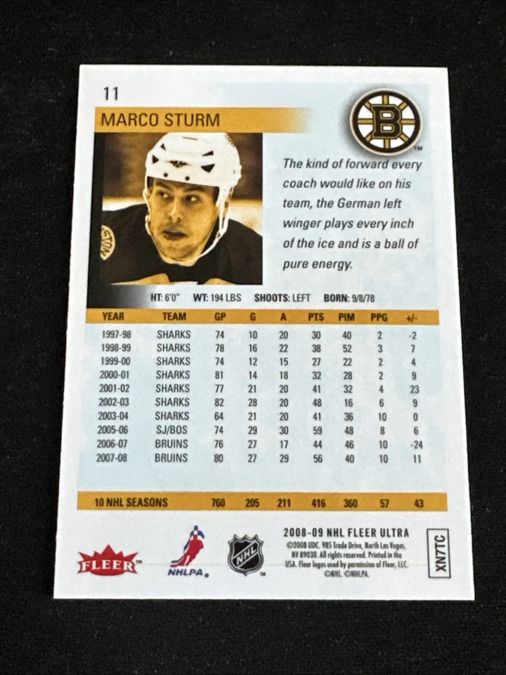 2008-09 Fleer Ultra Gold Medallion 11 Marco Sturm Boston Bruins - Image 2 of 2
