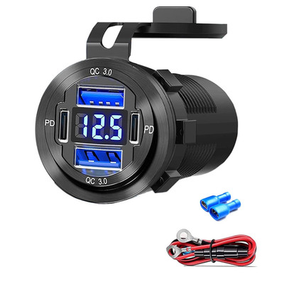 12V USB Charger with 4 Ports, Upgraded Aluminum Alloy Car Outlet with LED Voltme