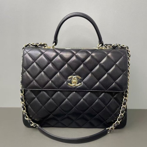 AUTH Chanel Trendy CC  Black Lambskin Top Handle Chain Shoulder Flap Bag