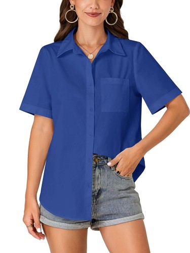 Women’s Short Sleeve Button Down Shirt Collared Cotton Casual Summer Blouse T...