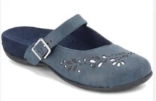 Vionic Midway size 5 Mule Clogs Blue Leather Laser Cutout Floral Arch Support