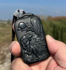 CERTIFIED 70g 100% NATURAL XIN JIANG HOTAN BLACK JADE HAND CARVED TIGER PENDANT