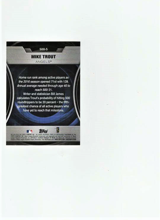 2016 Topps Update 500 HR Futures Club Mike Trout #500-5 Los Angeles Angels - Image 2 of 2