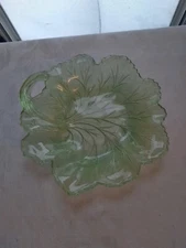 Uranium Depresstion Glass? Green Pebble Leaf Candy Dish With Handle 8" Diameter 