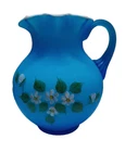 Vtg Fenton L.G. Wright Blue Satin Cased Hand Painted Signed JAN CURTIS Pitcher