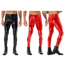 Men Pants Slim Fit Trousers Party Tights Zipper Crotch Clubwear Patent Leather