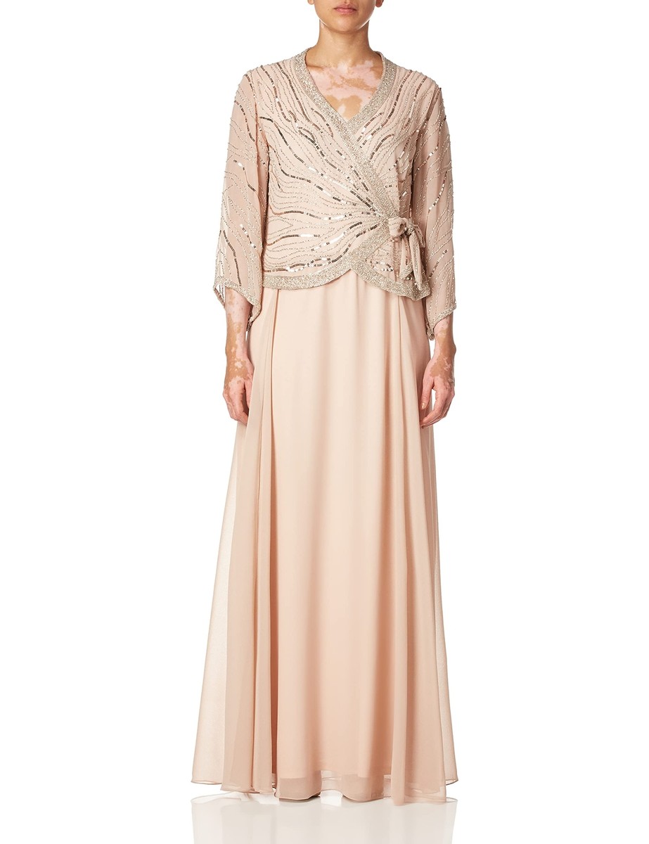 J Kara Women's Long 3/4 Sleeve V-Neck Beaded Faux Wrap Dress 16 Blush/Silver