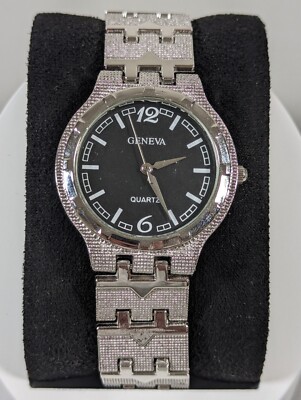 Geneva Black Dial Round Silver Tone Case Bracelet Band Watch