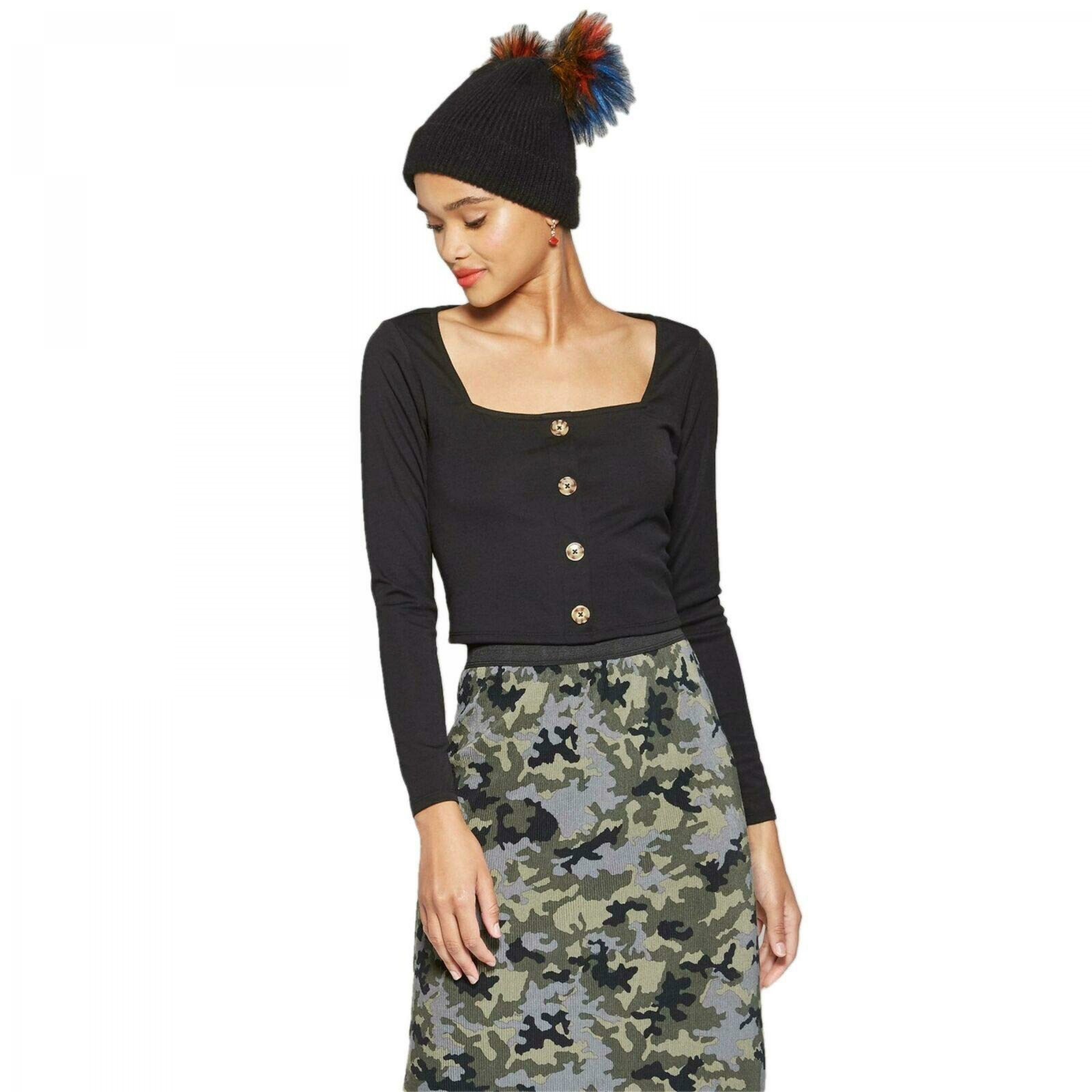 Button Front Cropped T-Shirt XS 