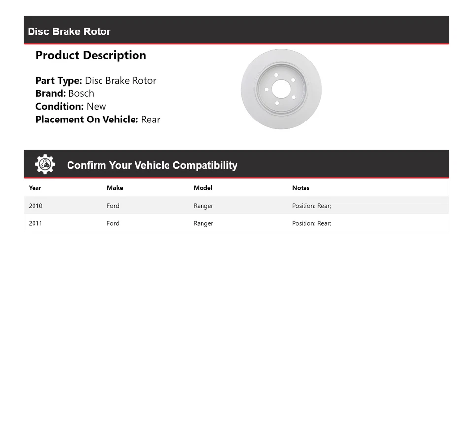 Rotor de freno de disco trasero QuietCast Bosch 2010-2011 para Ford Ranger Bosch Foto 2 de 4