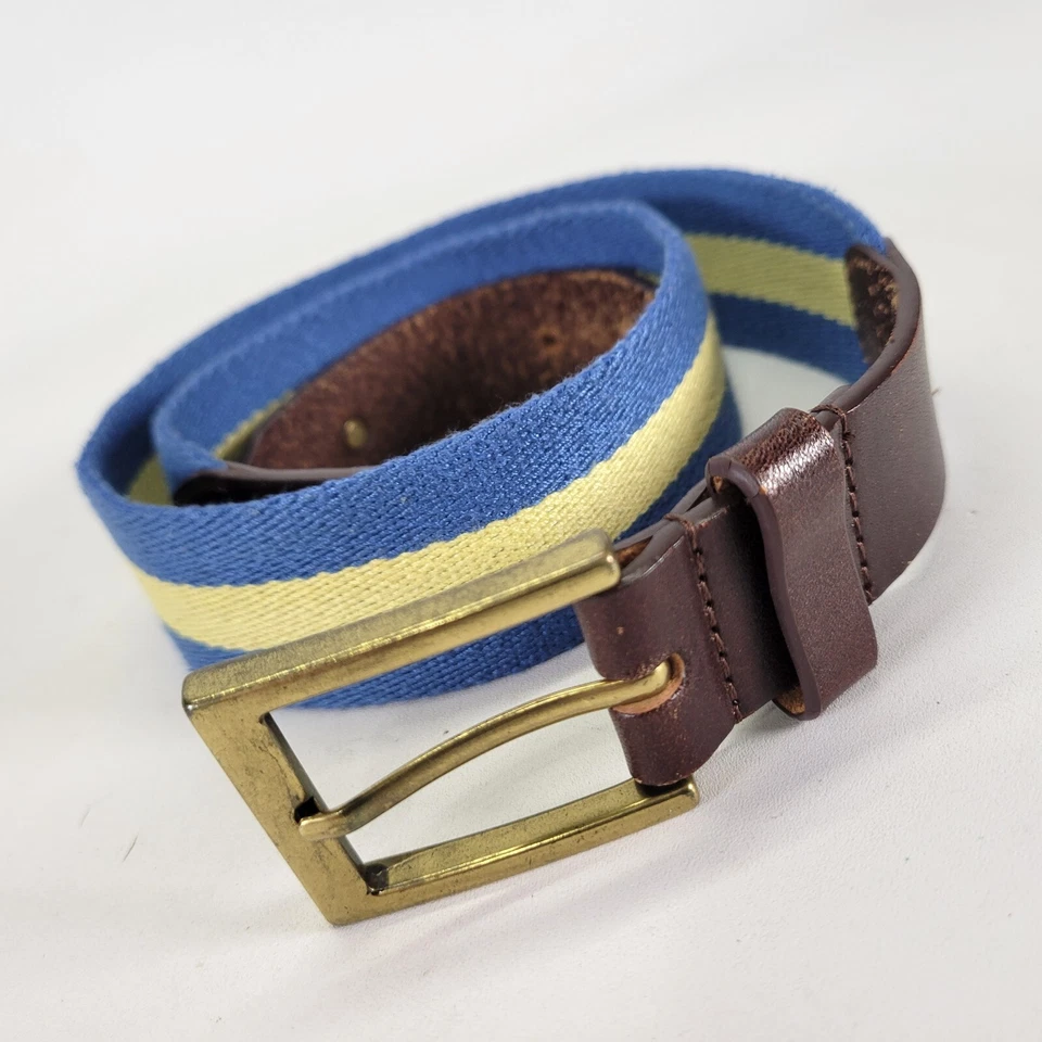 Cinturón Southern Tide Ribbon 30 Rayas Lona Cuero Azul Amarillo Preppy Foto 3 de 4