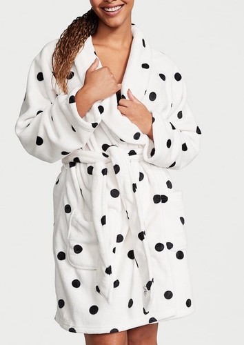 VICTORIA'S SECRET COZY SHORT PLUSH BATH ROBE LOGO POLKA DOT SIZE M/L NWT - 第 3/7 張圖片