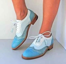 Handmade Women's Blue  White Leather Oxford Wing Tip Lace Up Brogue Dress Shoes