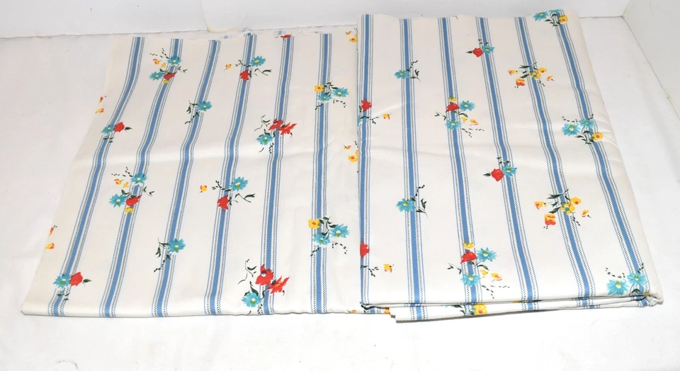 Vintage White Blue Stripes with Floral Poly/Rayon Upholstery Fabric 60" x 5 Yds - Image 2 of 4