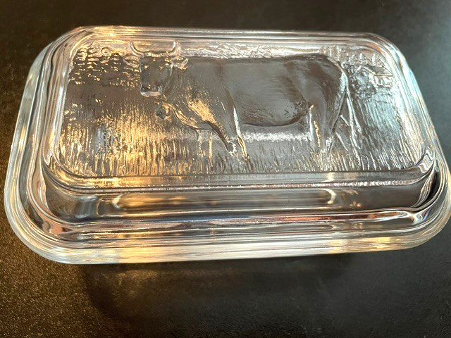 Vintage Arcoroc France Butter Dish Clear Glass Embossed Cow Lid Country