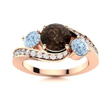 925 Sterling Silver Rose Plated Three Stone Round Smoky Quartz  Aquamarine Ring