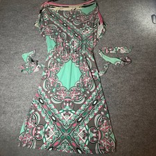 Jennifer Lopez Womens Large Mint Green Pink Geometric Print Elastic Waist Dress