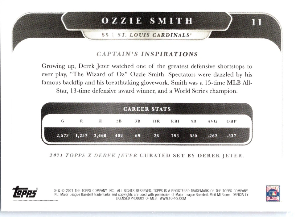 Ozzie Smith 2021 Topps x Derek Jeter: Captain's Crew #11 St. Louis Cardinals - Image 2 of 2