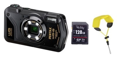 Pentax WG-8 schwarz wasserdicht outdoor + Zubehörpaket: 128GB + Trageschlaufe